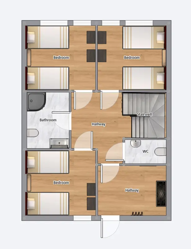 A - H, Grundriss 8-Personen-Appartement, unten A - H, Grundriss 8-Personen-Appartement, unten